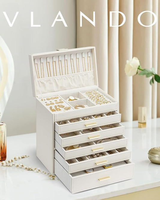 VLANDO 6 Layer Large Jewelry Box - Jewelry Holder Organizer, Jewelry Box Organizer for Drawer Necklace Ring Bracelet and Watch, Birthday Gift for Loved Ones - Beige