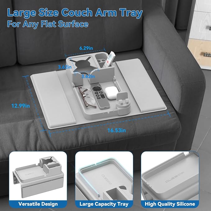 Couch Arm Cup Holder CLESOO Couch Arm Tray Anti-Slip Couch Cup Holder Silicone Sofa Armrest Tray Dual Side Pocket Couch Drink Holder Sofa Caddy Arm Remote Holder Snack Caddy with Phone Holder Grey