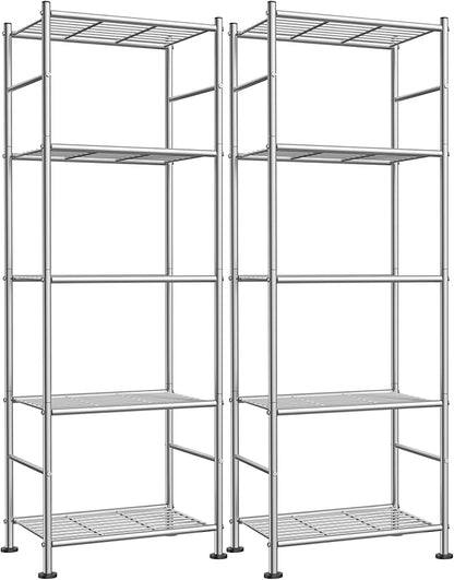 Sakugi Storage Shelves - Set of 2, 5-Tier Metal Shelf Organizer, Space-Saving Garage Shelving with Leveling Feet, Standing Shelves Organizer for Kitchen, Laundry, Pantry (18.4"x12.6"x57.4", Silver)