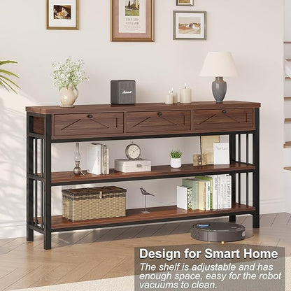 HSH 55” Sofa Table with Drawers, Entryway Table with Storage Shelf, 3 Tier Console Table with Storage Behind Couch for Living Room, Rustic Wood Metal Entry Hallway Table for Entrance, Walnut, 55 in
