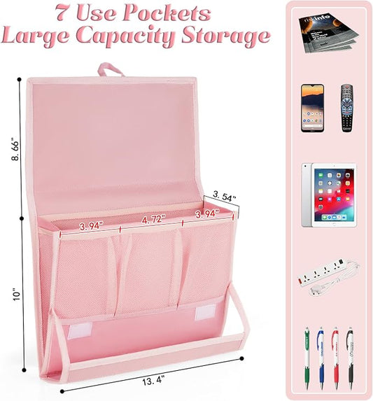 Bedside Caddy Bedside Storage Organizer Bedside Organizer with Power Strip Holder and 2 Adjustable Straps for Home Bunk Bed Dorm Sofa (Pink)