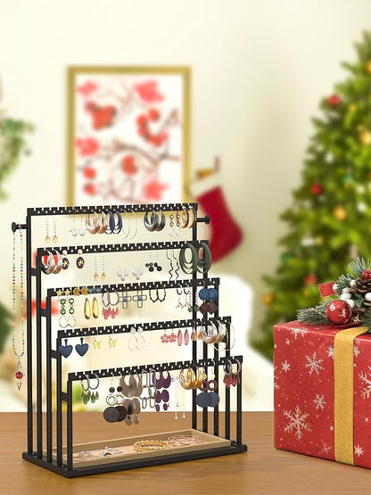 Earring Holder Organizer, 5-Tier Step Jewelry Display Stand with Metal Frame and Wooden Storage Organizer, Large Earring Holder for Studs, Hoops, Dangles, Modern Jewelry Organizer for Women