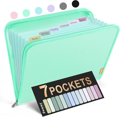 Sooez 7 Pockets Accordion File Organizer, Zipper Expanding File Folder, Heavy Duty Folder Organizer, Sleek Letter Size Accordion Folder, Portable Expandable File Folder for Documents, Green