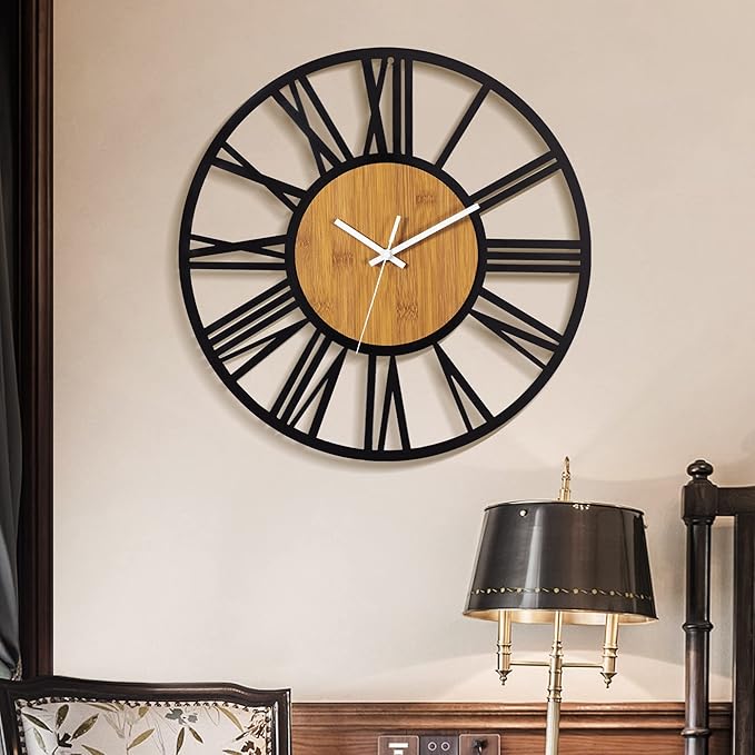 1st owned Wall Clocks for Living Room Decor,16" Vintage,Round Silent Non Ticking,Black Metal,Modern Wood Clocks for Home Bedroom,Kitchen,Garden,Office,Cafe,Modern Wall Decoration -Roman Numerals