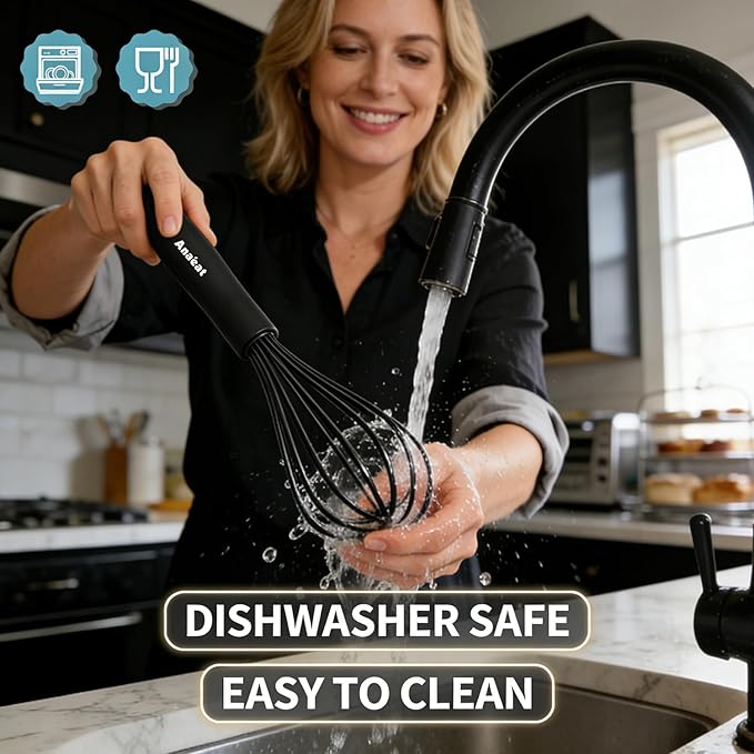 Anaeat Kitchen Whisk Set of 5, Perfect for Non-Stick Cookware, Egg Beater Milk Blender for Whisking, Cooking, Baking - 5"+7" Mini Wire Whisk and 9''+11''+12'' Silicone Balloon Whisks (Black)
