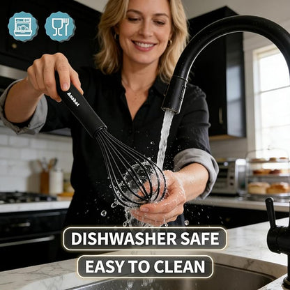 Anaeat Silicone Balloon Whisk, Perfect for Non-Stick Cookware, Milk and Egg Beater Blender, Heat Resistant Kitchen Whisks for Whisking, Cooking, Baking, Beating, Frothing & Stirring (Black)