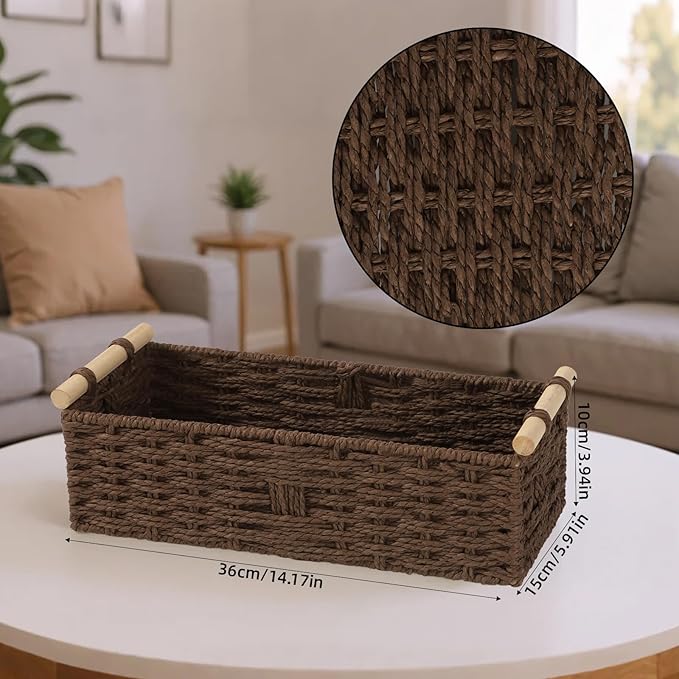 Toilet Paper Wicker Basket, Paper Rope Storage Basket with Wooden Handle, Wicker Baskets for Organizing, Decorative Storage Wicker Bins for Countertop, Small Basket Fits with Any Decor