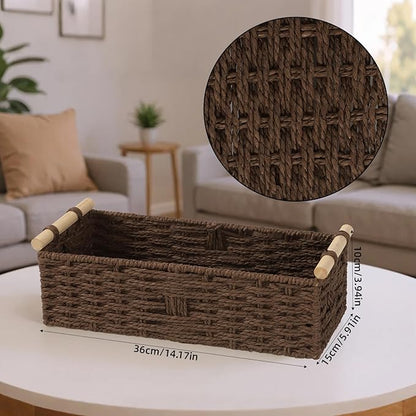 Toilet Paper Wicker Basket, Paper Rope Storage Basket with Wooden Handle, Wicker Baskets for Organizing, Decorative Storage Wicker Bins for Countertop, Small Basket Fits with Any Decor