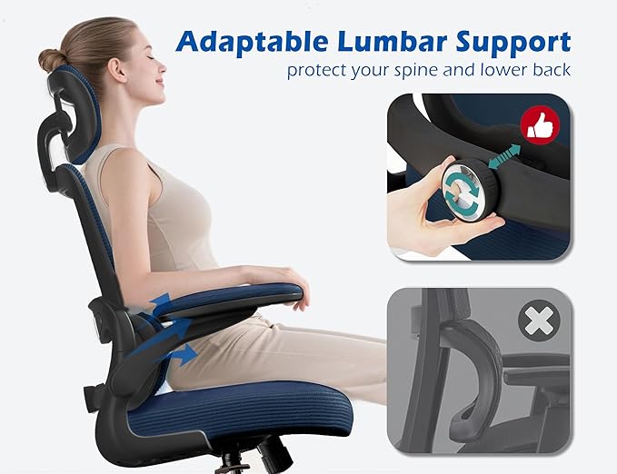 TRALT Ergonomic Office Chair - Desk Chair with Adjustable Headrest Lumbar Support Computer Chair - Mesh Comfy Chair with Flip-up Armrests - Gaming Chairs for Adults Home Office (Leather, Navy Blue)