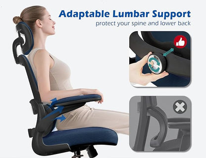 TRALT Ergonomic Office Chair - Desk Chair with Adjustable Headrest Lumbar Support Computer Chair - Mesh Comfy Chair with Flip-up Armrests - Gaming Chairs for Adults Home Office (Leather, Navy Blue)