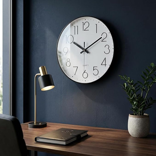 jomparis Black Wall Clock 13 1/2 Inches Silent Non Ticking Battery Operated Quartz Modern Decorative Round Wall Clock