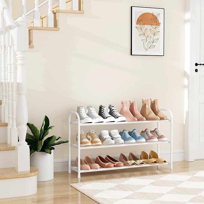 Expandable Shoe Rack for Closet, 18"-32" Metal Shoe Rack for Entryway 3-Tier Adjustable Width Free Standing Shoe Shelf 12 Pairs Small Shoe Organizer for Front Door Garage Bedroom Dorm, White