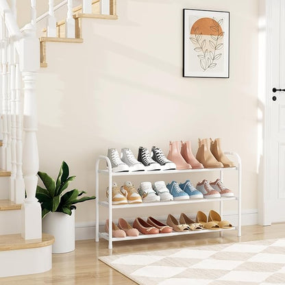 Expandable Shoe Rack for Closet, 18"-32" Metal Shoe Rack for Entryway 3-Tier Adjustable Width Free Standing Shoe Shelf 12 Pairs Small Shoe Organizer for Front Door Garage Bedroom Dorm, White