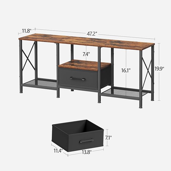 JARHETUN TV Stand with Fabric Drawer, Entertainment Center for 50 55 Inch TV, Industrial TV Console Table with Open Storage Shelves for Living Room, Bedroom, Rustic Brown