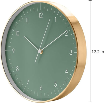 LUUK LIFESTYLE Silent Wall Clock with Quartz Movement, Modern and Minimalist Design, Deco for Kitchen, Living Room, Gift idea, Dark Green and Gold
