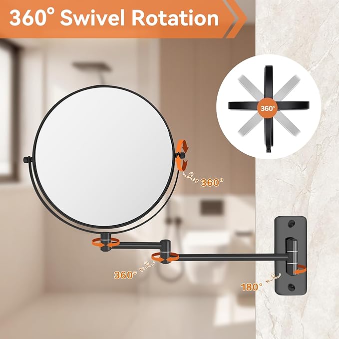 8” Makeup Mirror Wall Mounted, 1X/10X Double-Sided Wall Mount Magnifying Bathroom Mirror with Extendable Arm, 360° Swivel Vanity Shaving Mirror for Bathroom and Makeup, Black (No Light