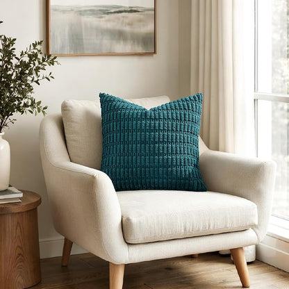 MIULEE Pack of 2 Corduroy Decorative Euro Sham Throw Pillow Covers 24x24 Inch Soft Boho Striped Pillow Covers Modern Farmhouse Home Decor for Summer Coastal Sofa Living Room Couch Bed Teal