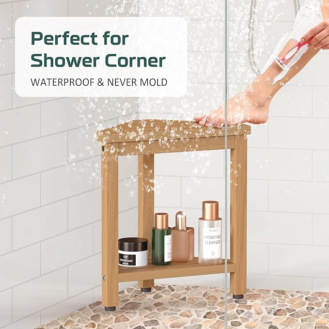 Shower Foot Rest 14in, HDPE Waterproof Shower Stool for Inside Shower, Corner Shower Stool for Shaving Legs with Storage Shelf, Shower Step Stool for Small Space, Plastic Corner Shower Bench, Teak