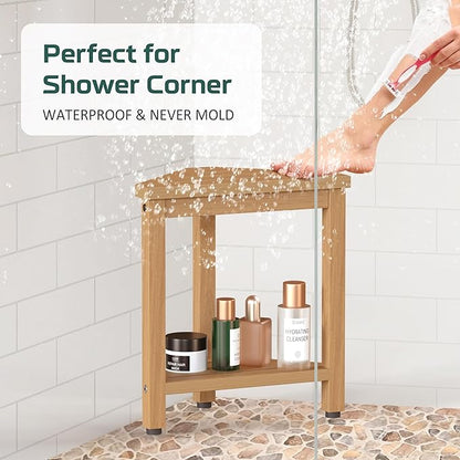 Shower Foot Rest 14in, HDPE Waterproof Shower Stool for Inside Shower, Corner Shower Stool for Shaving Legs with Storage Shelf, Shower Step Stool for Small Space, Plastic Corner Shower Bench, Teak