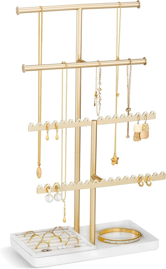 Lolalet 4-Tier Jewelry Organizer Stand, Metal Jewellery Holder, Dresser Display Rack for Necklace Earring Bracelets Rings, Gift for Women Girls -Gold