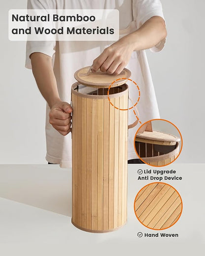 Bamboo Toilet Paper Storage Basket with Lid & Handle - 10L Handwoven Bathroom Organizer for 4 Rolls - Sturdy Stand Holder for Toilet Paper Organization, Natural