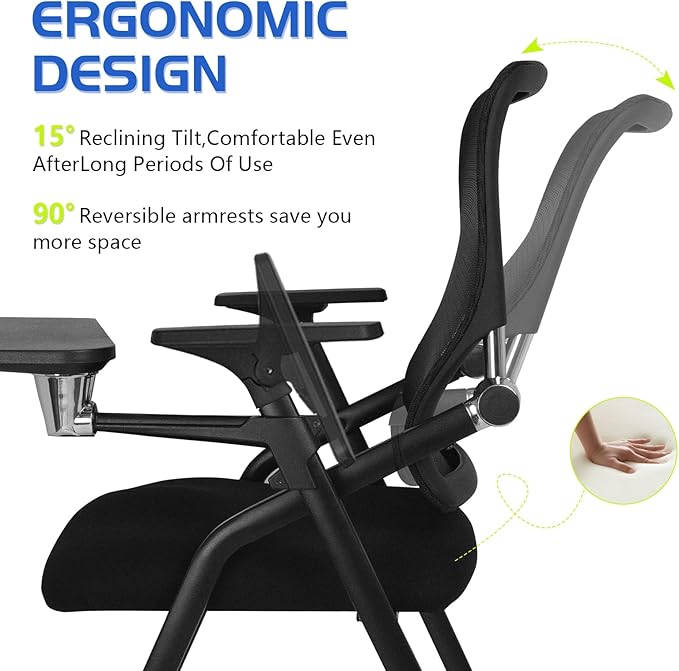 Updated Conference Room Chairs with Tablet Arm, Folding Office Desk Chair with Lumbar Support and Sliding Armrest with Casters, Stackable Office Guest Chairs & Reception Chairs, 1 Pack Black