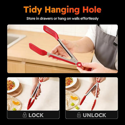 HST 3 Pack Kitchen Tongs, Non Stick Stainless Steel 9 Inch Tongs With Silicone Tip for Cooking BBQ Baking(Red)