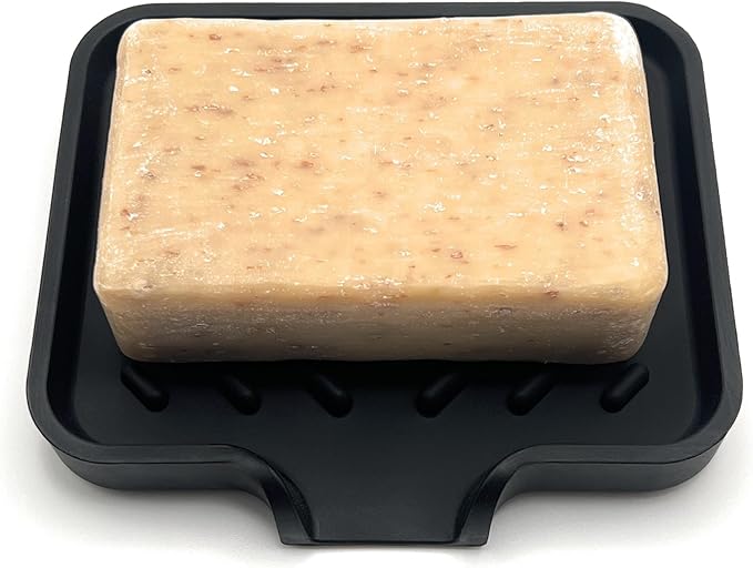 Happitasa Silicone Soap Dish Tray and Sponge Holder with Drain Chute and Feet | 3-Way Sloped Design | Bathroom and Kitchen Sink Organizer Caddy (Grey, 5"x4")