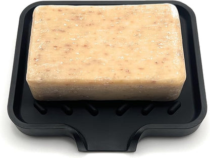 Happitasa Silicone Soap Dish Tray and Sponge Holder with Drain Chute and Feet | 3-Way Sloped Design | Bathroom and Kitchen Sink Organizer Caddy (Grey, 5"x4")