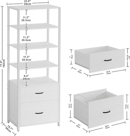 IRONCK Industrial Bookcase with File Cabinet Drawers, 71.6 in Tall Bookshelf 5 Tier, Freestanding Storage Home Office Cabinet Organizer, Rustic Home Decor, White