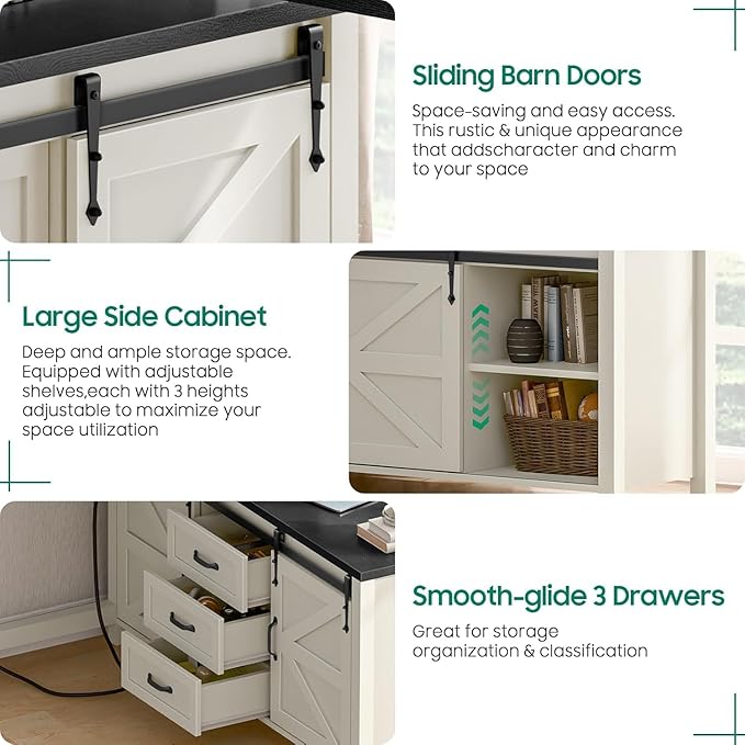 Executive L Shaped Office Desk with Drawers, Farmhouse Corner Desk for Home Office with Storage Cabinet, Computer Desk with Charging Station, Reversible Study Writing Table Workstation, Rustic White