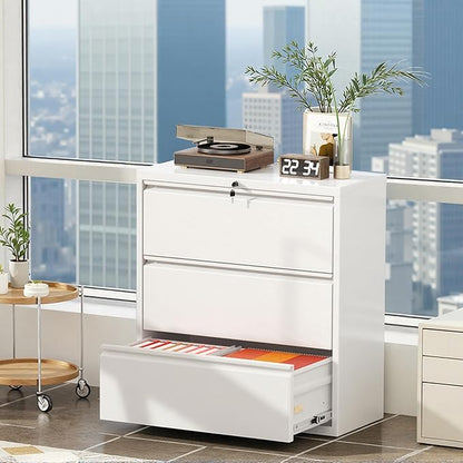 Superday Lateral File Cabinet 3 Drawer Metal File Cabinet with Lock, White Filing Cabinets for Home Office, Locking Filing Cabinets Hanging Files Letter/Legal/F4/A4