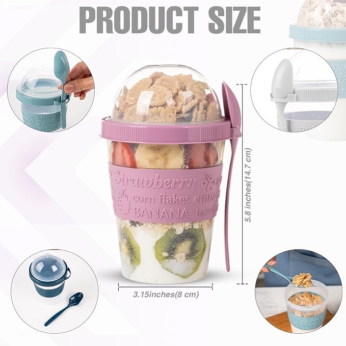 5 Pack On The Go Cereal Yogurt Cups with Lids and Spoon, Overnight Oats Container, Reusable Parfait Plastic Milk Jar Breakfast Crunch Granola Oatmeal Smoothie Snack Prep Bowl