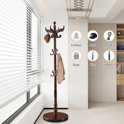 Wooden Coat Rack Stand, Vintage Natural Birch Wood Coat Racks Freestanding, Solid Wood Coat Tree Stand with 14 Hooks, Classic Sturdy Coat Racks Hall Tree for Entryway, Office (Round chassis)