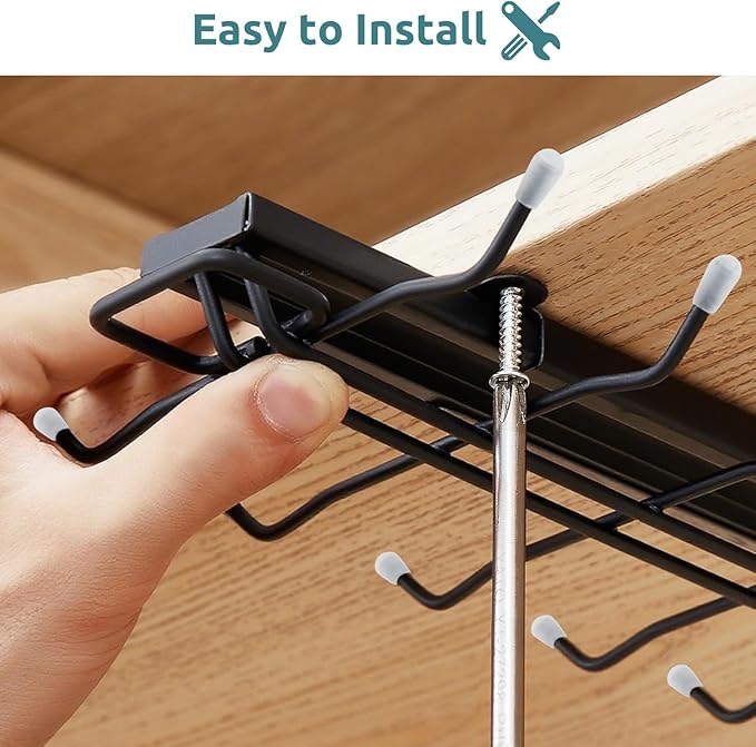 LiaMeE Sliding Mug Hooks Under Cabinet - Pull Out Coffee Cup Holder Rack with 12 Hooks, Metal Under Shelf Mug Organizer for Kitchen, Space Saving Hanging Storage (Black,2PCS)