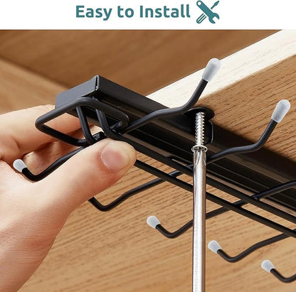 LiaMeE Sliding Mug Hooks Under Cabinet - Pull Out Coffee Cup Holder Rack with 12 Hooks, Metal Under Shelf Mug Organizer for Kitchen, Space Saving Hanging Storage (Black,2PCS)