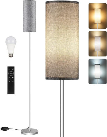 Dimmable Floor Lamps for Living Room with Remote and Foot Switch, 64.4” Modern Standing Tall Lamp, Corner Lamp for Bedroom, Office, Bulb Included, 3000K-6500K, Gray and Silver, FCC Listed SH06LD05W1
