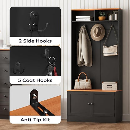Entryway Hall Tree with Bench and Storage, 5-in-1 Farmhouse Coat Rack with 7 Hooks, Bench with Coat Rack with Storage Shelves for Hallway, Hallway, Black