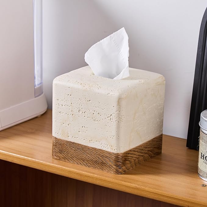 Natural Travertine Match Wooden Square Tissue Box Cover Decorative,Resin Heavy Sturdy Tissue Box Holder, Facial Paper Holder for Bathroom Vanity Countertop, Bedroom Night Stand,Office and End Table