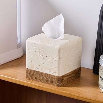 Natural Travertine Match Wooden Square Tissue Box Cover Decorative,Resin Heavy Sturdy Tissue Box Holder, Facial Paper Holder for Bathroom Vanity Countertop, Bedroom Night Stand,Office and End Table