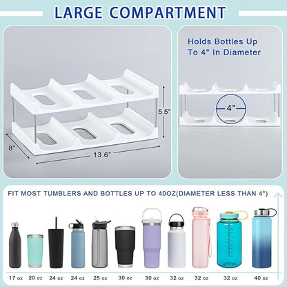 LANDNEOO Stackable Water Bottle Organizer Holder - for Stanley & Others' Large Tumbler Organization - White Plastic Wine Rack, Bottle Holder for Home Countertop Fridge Pantry Shelf, 2 Tier Hold 6
