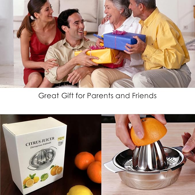 Citrus Lemon Orange Grapefruit Juicer Manual Squeezer 304 Stainless Steel Robust Hand Juicer Reamer Rotation Press with Strainer＆10oz Bowl, 2 Pour Spouts, Dishwasher Safe, Easy to Clean, Heavy Duty