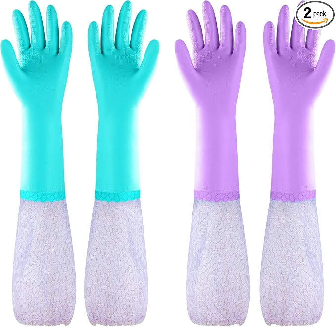 Elgood Reusable Long Sleeve Dishwashing Cleaning Gloves with Latex Free,Cotton Lining,Kitchen Gloves 2 Pairs,Purple+Blue M