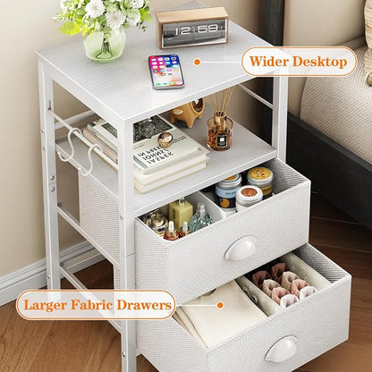 Furologee Nightstands Set of 2, End Table with 2 Fabric Drawers, Night Stand with 2 Hooks, Open Wood Shelf Bedside Table for Bedroom/Living Room/White