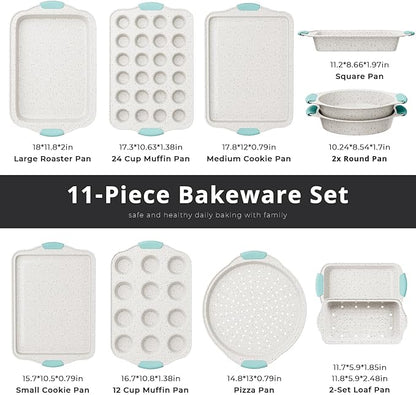 11-Piece Non-Toxic Bakeware Set – Nonstick, Stackable & Oven Safe with Heat-Resistant Silicone Handles – Cookie Sheet, Cake Pan, Muffin Mold, Pizza Tray & Bread Loaf Dish, White & Sky Blue