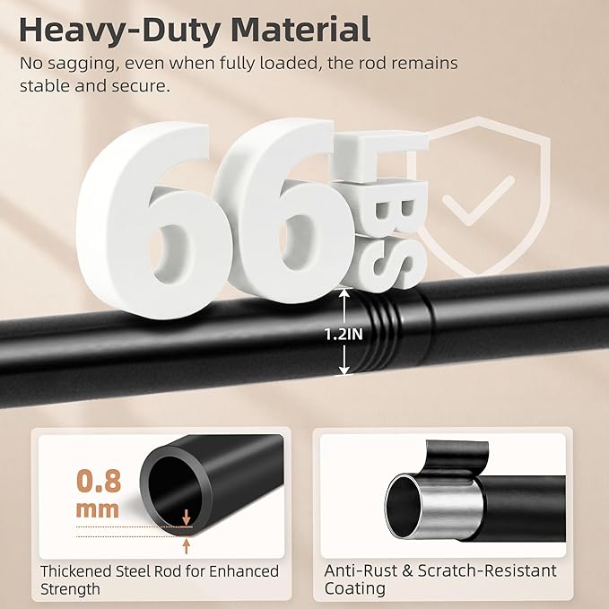 STORAGE MANIAC Closet Rods for Hanging Clothes 17.5 to 89.7 Inches Heavy Duty Stepless Adjustable Closet Hanging Rod 1.2 Inch Diameter Metal Closet Rod for Wardrobe Bathroom Bedroom Laundry RV, Black