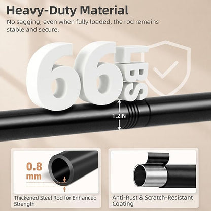 STORAGE MANIAC Closet Rods for Hanging Clothes 17.5 to 74.5 Inches Heavy Duty Stepless Adjustable Closet Hanging Rod 1.2 Inch Diameter Metal Closet Rod for Wardrobe Bathroom Bedroom Laundry RV, Black