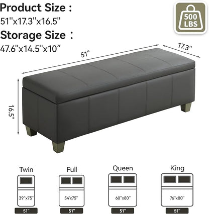 51" Faux Leather Storage Ottoman, Stitch Tufted Rectangle Upholstered End of Bed Storage Bench, Entryway Large Couch Ottoman with Wooden Legs,Dark Grey