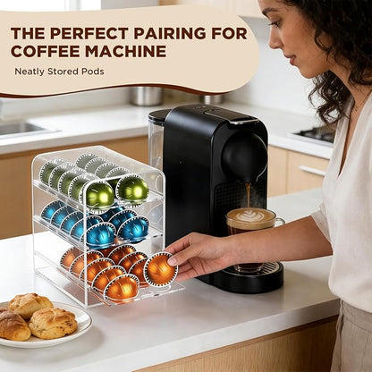 Acrylic Coffee Pod Holder for Nespresso Vertuo Pods, Countertop Coffee Capsule Storage Organizer, Coffee Drawer for Espresso Accessories, Coffee Gift for Coffee Lovers(Clear_30 Pods)