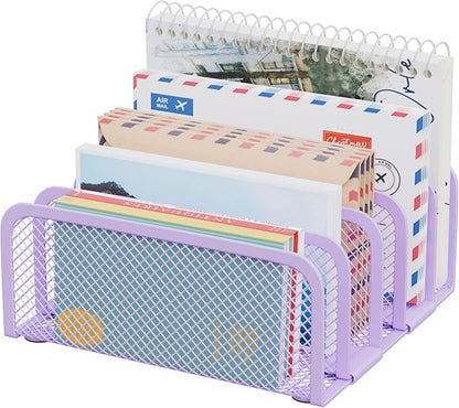 Mail Organizer Countertop, Metal File Holder with 5-Slot, Small Desk File Organizer for Letter, Bill, Mail Sorter, Desktop Letter Folder Holders for Office, Home, School (Purple)